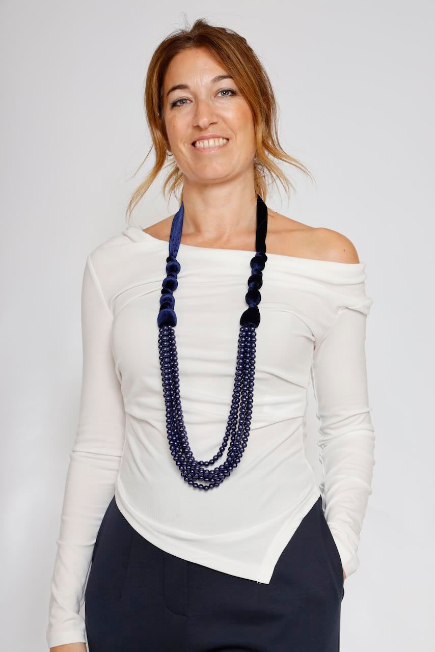 COLLAR LARGO DE CUENTAS Y CINTA DE TERCIOPELO AZUL A5783-AZUL
