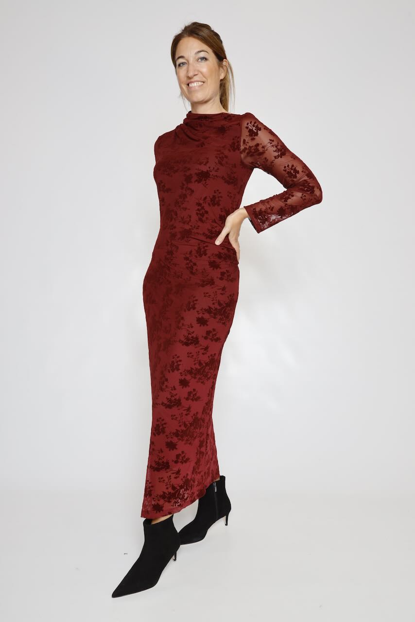 VESTIDO BURDEOS LARGO DRAPEADO AFFFMDJ