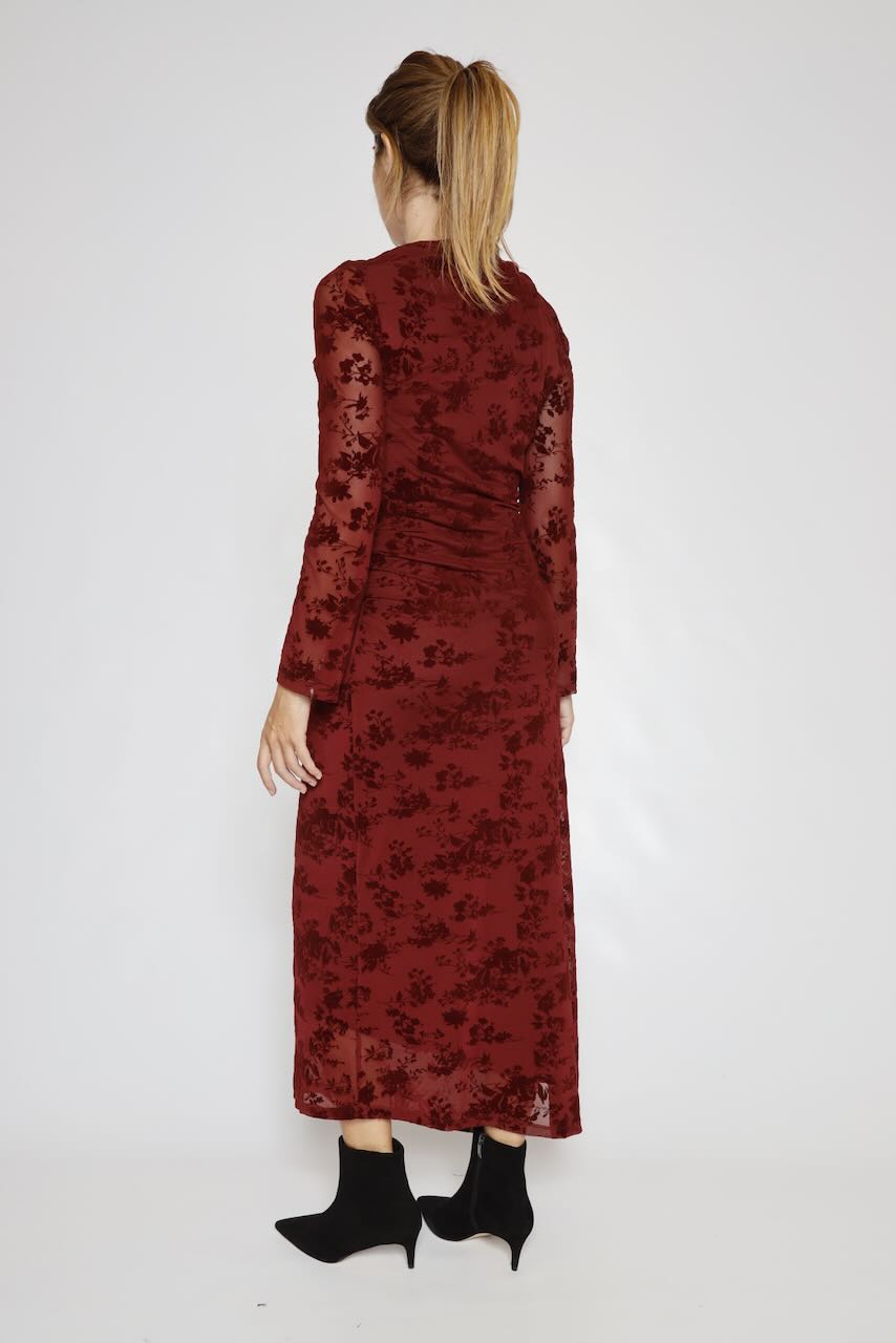 VESTIDO BURDEOS LARGO DRAPEADO AFFFMDJ