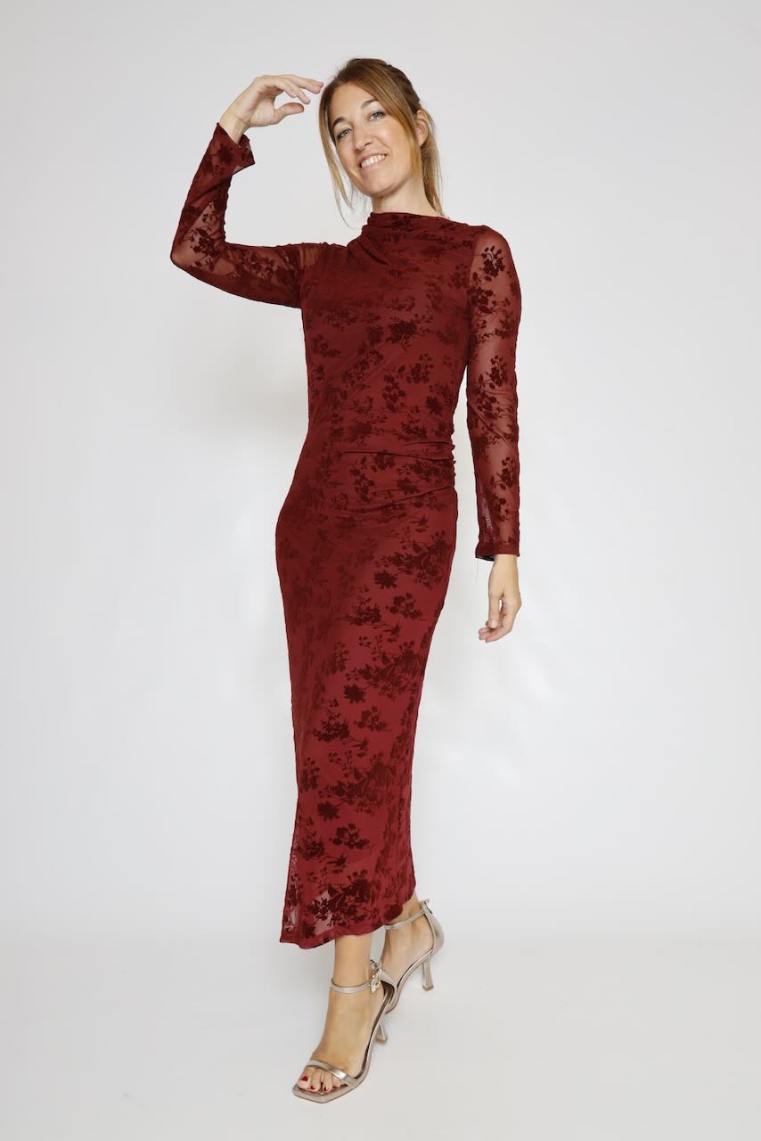 VESTIDO BURDEOS LARGO DRAPEADO AFFFMDJ