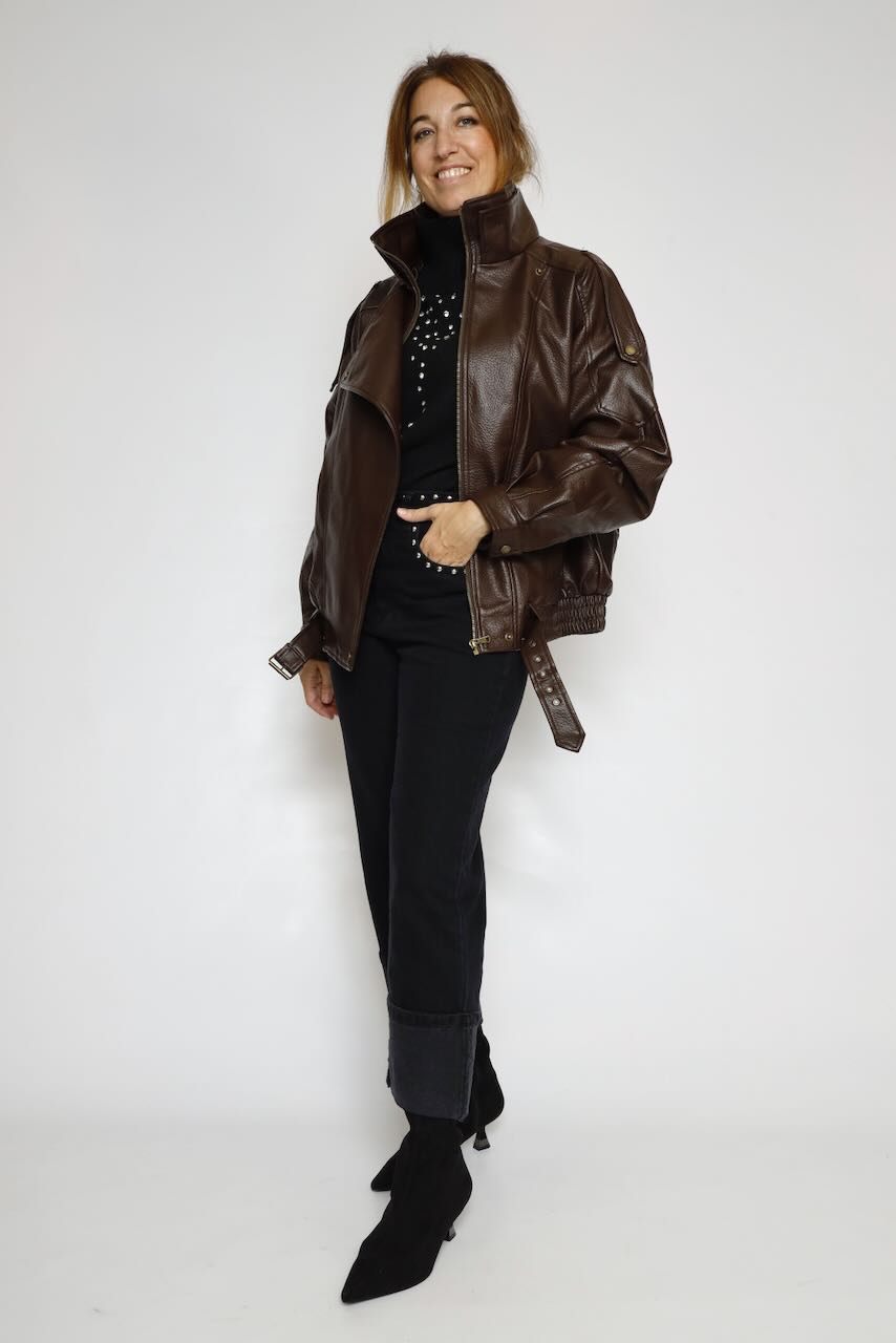 BOMBER MARRON PIEL SINTETICA CINTURON 64-9154
