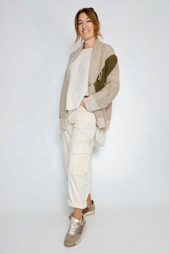 CHAQUETA PUNTO BEIGE/VERDE/NEGRO MILITAR OVERSIZE ROMBOS A26LT505