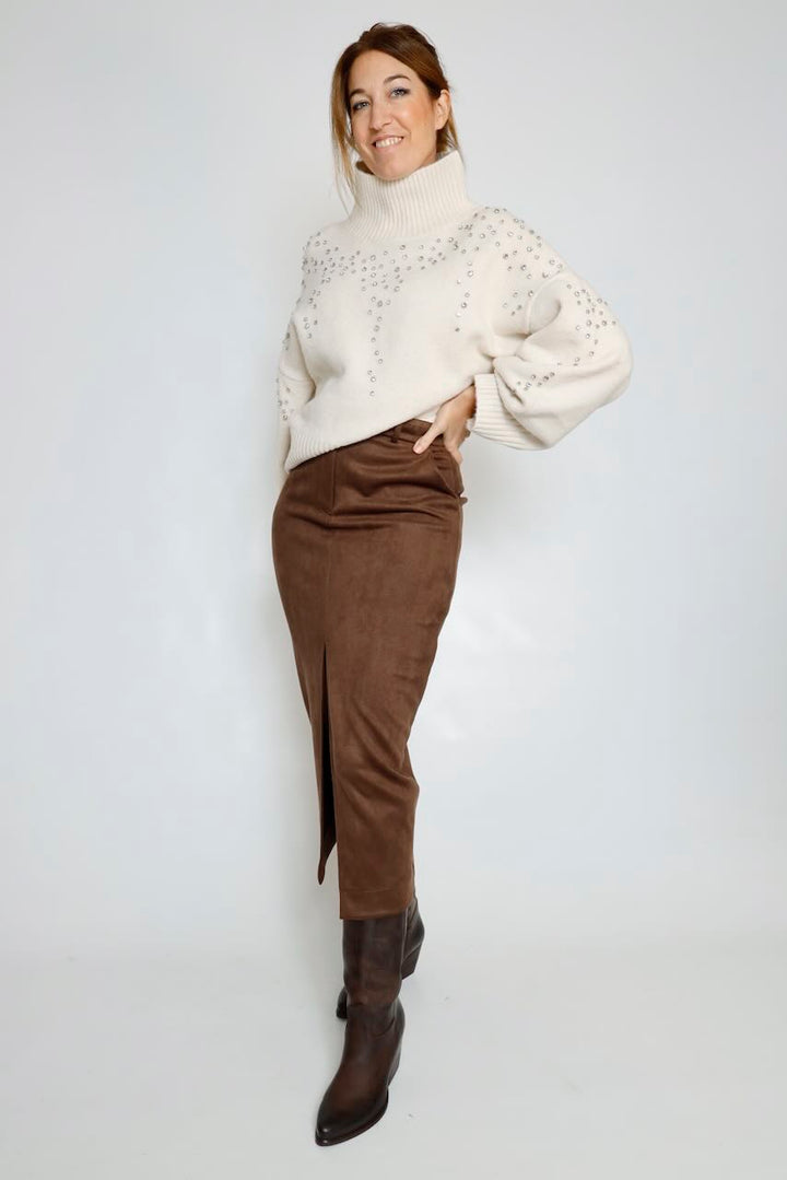 FALDA MIDI EFECTO ANTE MARRON 64-6037