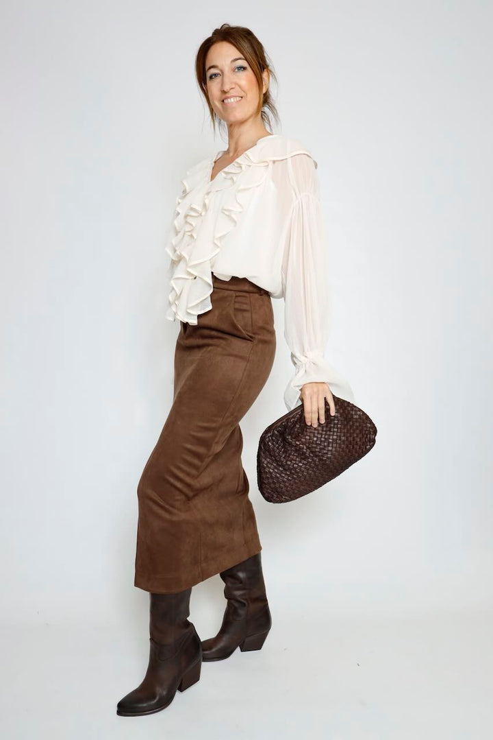 FALDA MIDI EFECTO ANTE MARRON 64-6037