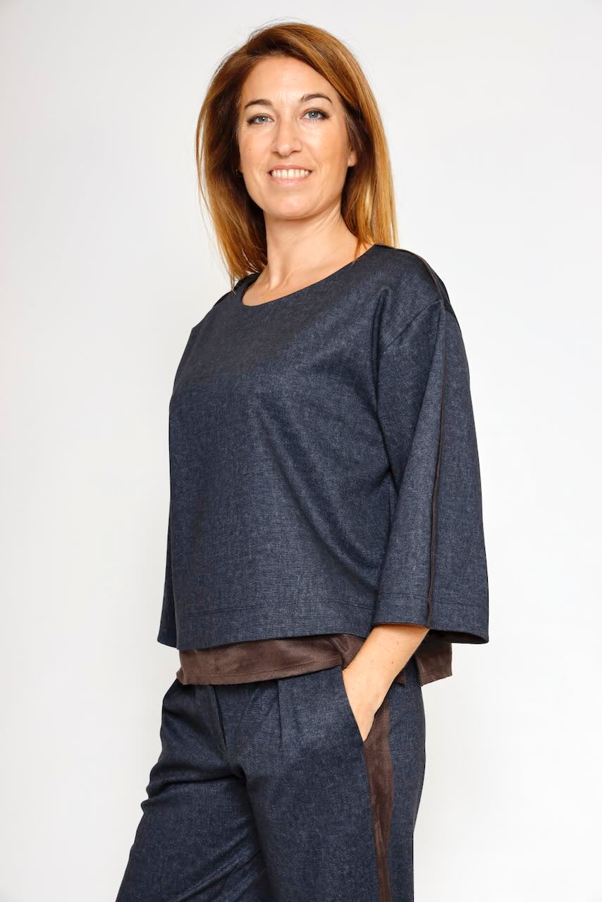 Blusa con detalles efecto ante 54-2031-MARINO