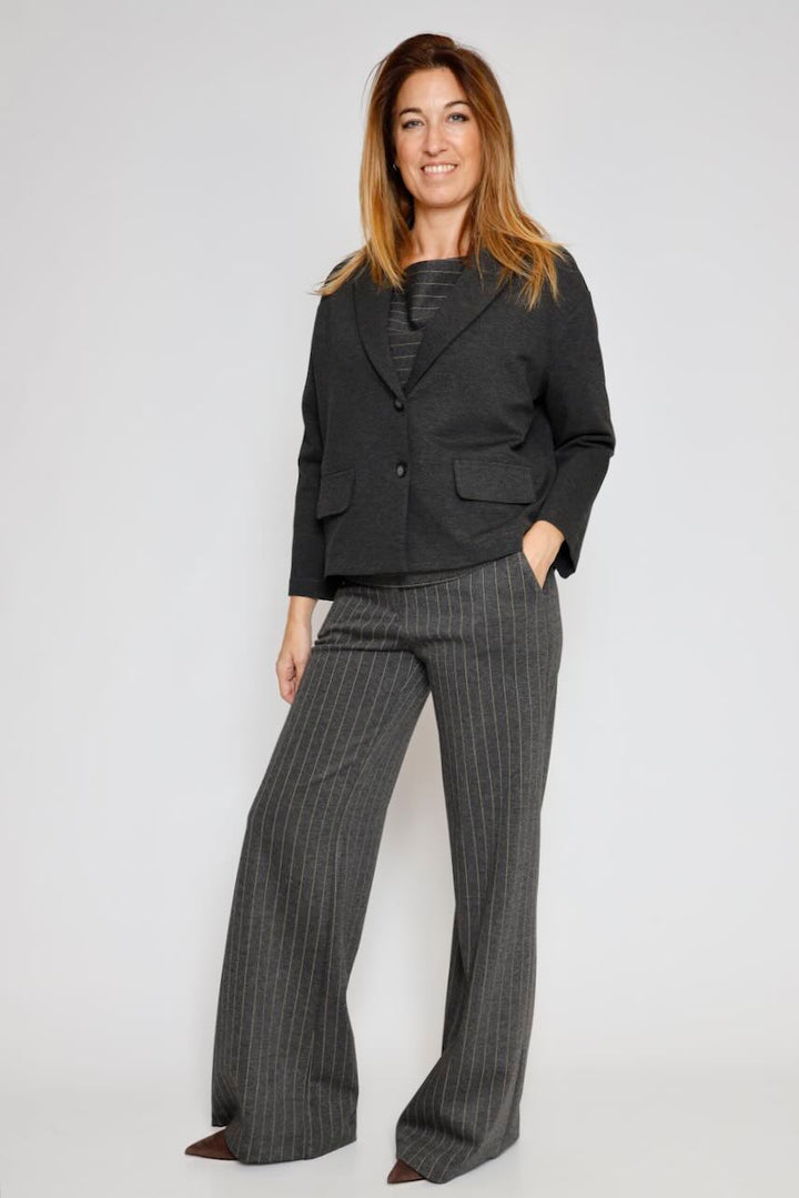 Blusa de rayas con escote barco 54-2140-CAMEL/GRIS