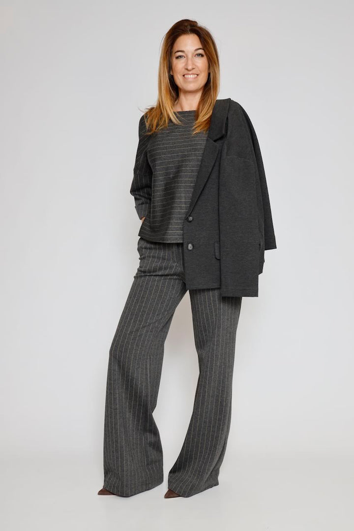 Blusa de rayas con escote barco 54-2140-CAMEL/GRIS