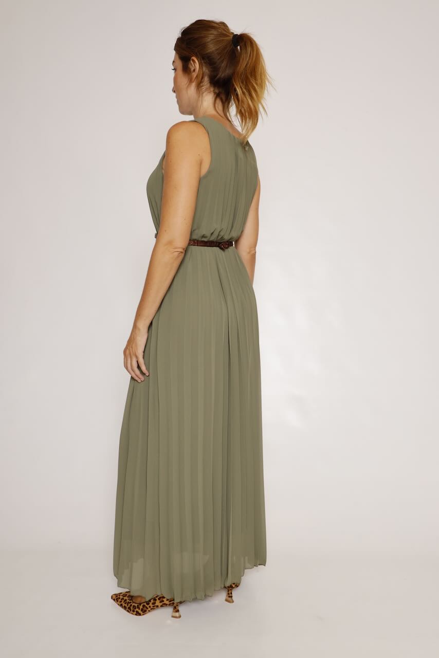 VESTIDO MAXI PLISADO SIN MANGAS VERDE MUSGO 62P83224