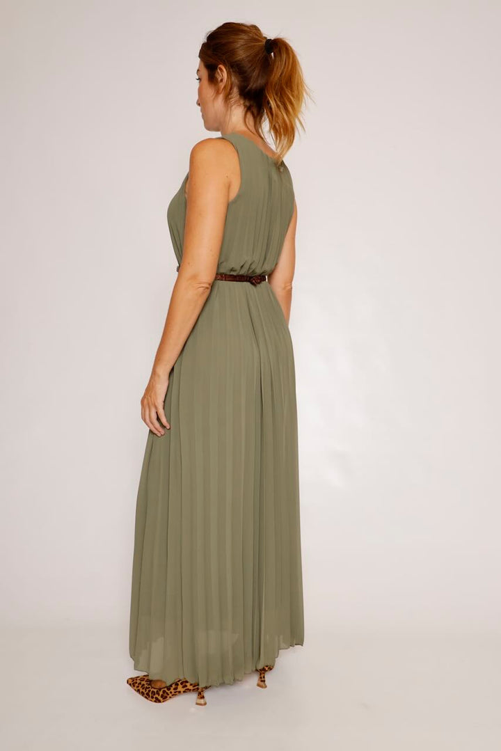VESTIDO MAXI PLISADO SIN MANGAS VERDE MUSGO 62P83224