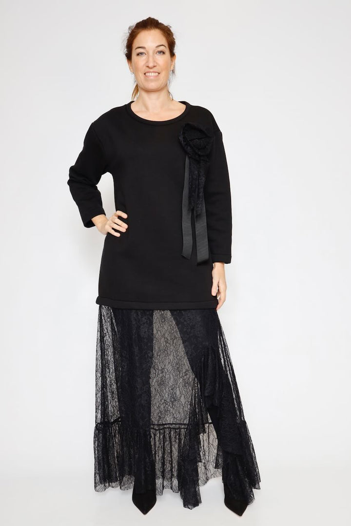 VESTIDO COMBINADO CON ENCAJE A25AN703-NEGRO