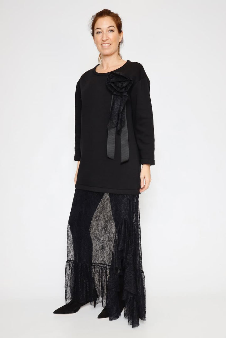 VESTIDO COMBINADO CON ENCAJE A25AN703-NEGRO